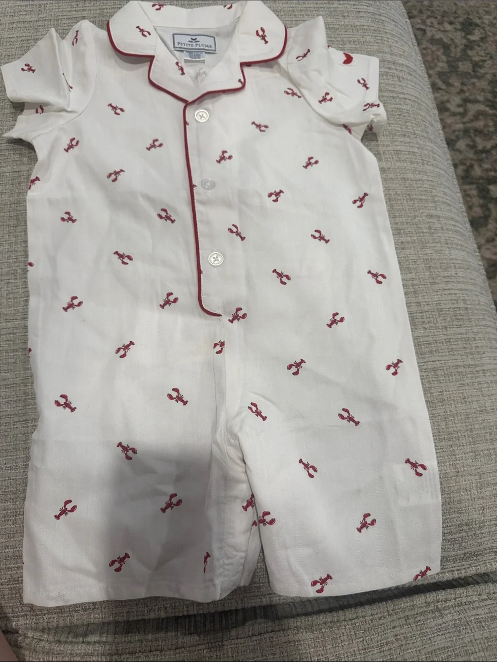 Petit Plume White Lobster Embroidered Short Pajama Romper size 18/24